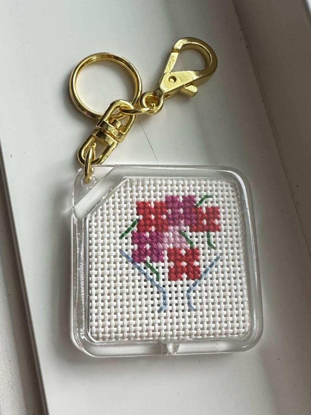Handmade Cross Stitch Floral Keychain - Gold Tone Hardware